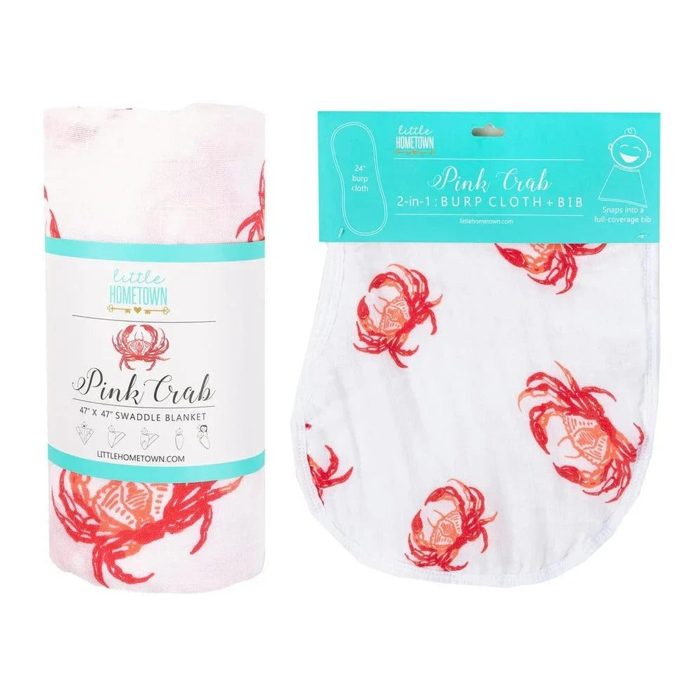 Gift Set: Pink Crab Baby Muslin Swaddle Blanket and Burp Cloth/Bib Combo back view