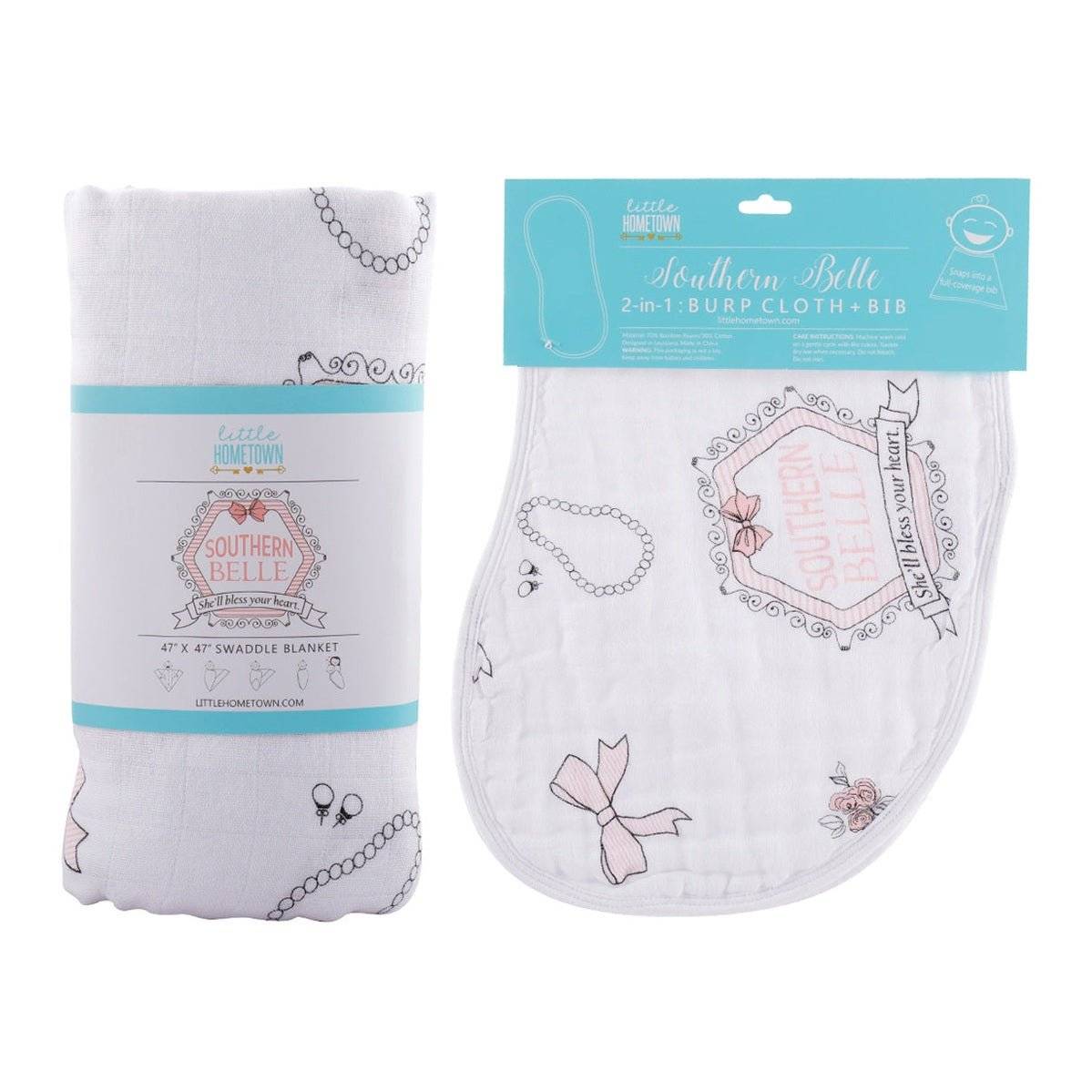 Gift Set: Southern Belle Baby Muslin Swaddle Blanket and Burp Cloth/Bib Combo front view