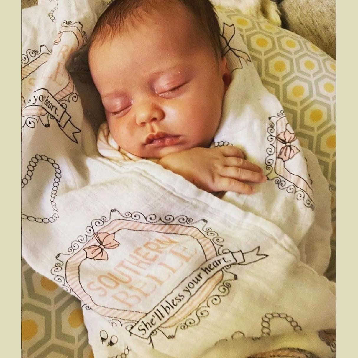 Gift Set: Southern Belle Baby Muslin Swaddle Blanket and Burp Cloth/Bib Combo detail view