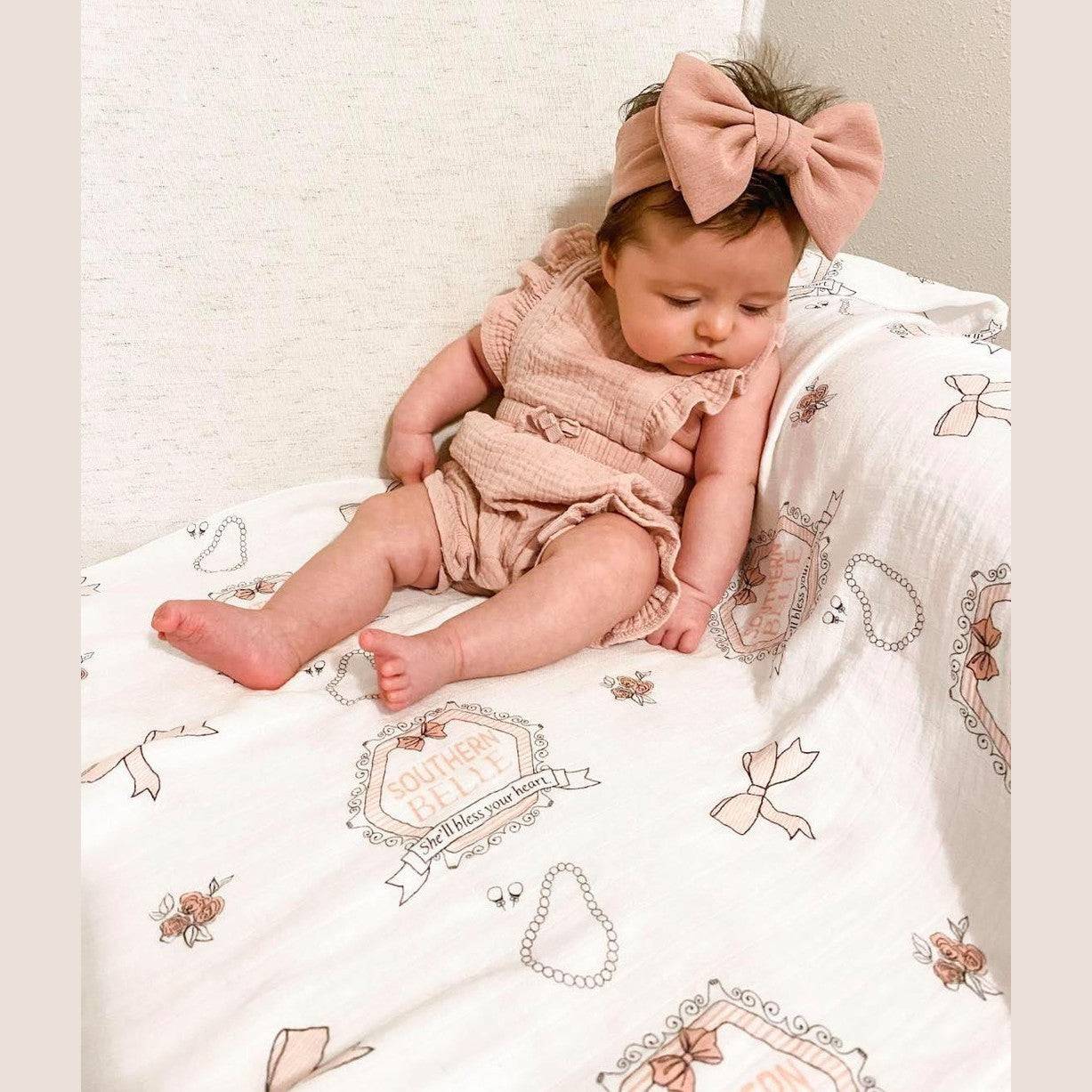 Gift Set: Southern Belle Baby Muslin Swaddle Blanket and Burp Cloth/Bib Combo full length view