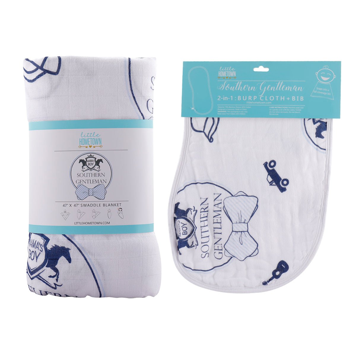 Gift Set: Southern Gentleman Baby Muslin Swaddle Blanket and Burp Cloth/Bib Combo