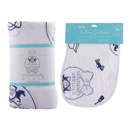 Gift Set: Southern Gentleman Baby Muslin Swaddle Blanket and Burp Cloth/Bib Combo