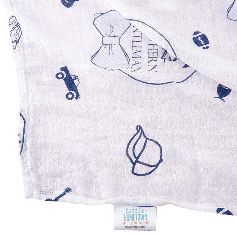 Gift Set: Southern Gentleman Baby Muslin Swaddle Blanket and Burp Cloth/Bib Combo back view