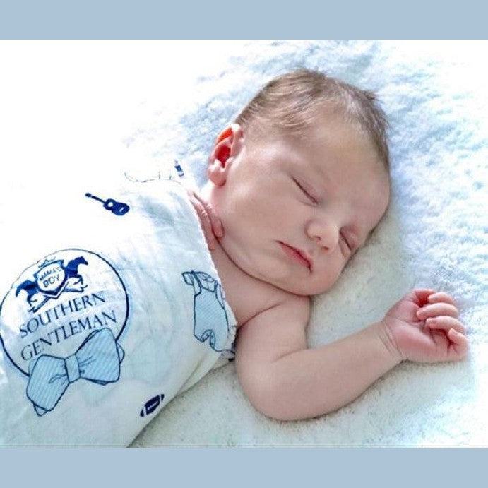 Gift Set: Southern Gentleman Baby Muslin Swaddle Blanket and Burp Cloth/Bib Combo fabric and material close-up