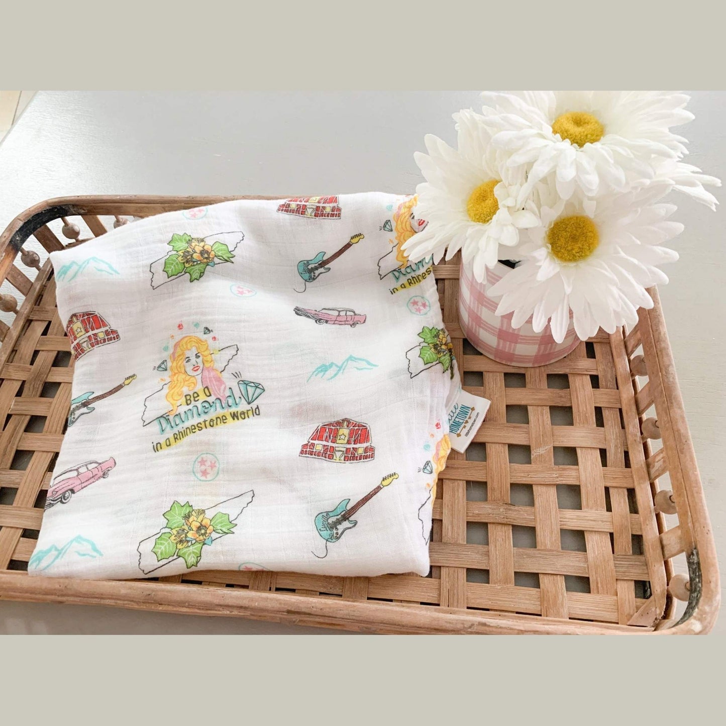 Gift Set: Tennessee Baby Muslin Swaddle Blanket and Burp Cloth/Bib Combo (Floral) fabric and material close-up