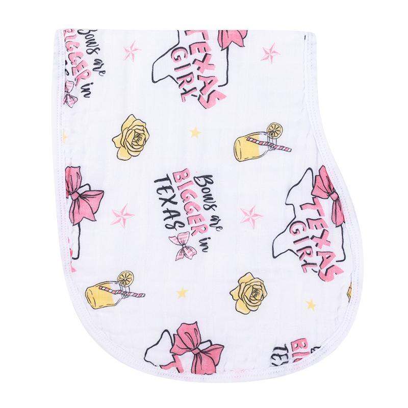 Gift Set: Texas Baby Girl Muslin Swaddle Blanket and Burp Cloth/Bib Combo fabric and material close-up