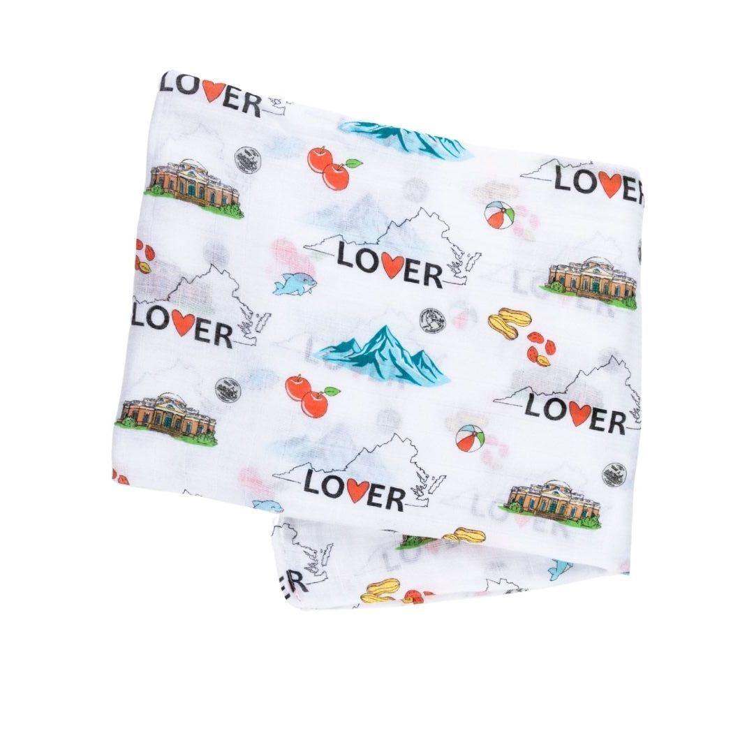 Gift Set: Virginia Baby Muslin Swaddle Blanket and Burp Cloth/Bib Combo side view
