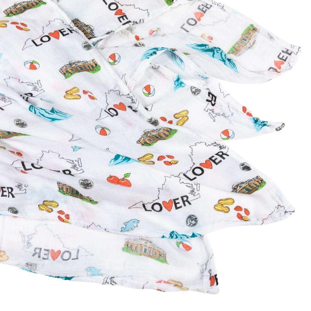 Gift Set: Virginia Baby Muslin Swaddle Blanket and Burp Cloth/Bib Combo fabric and material close-up