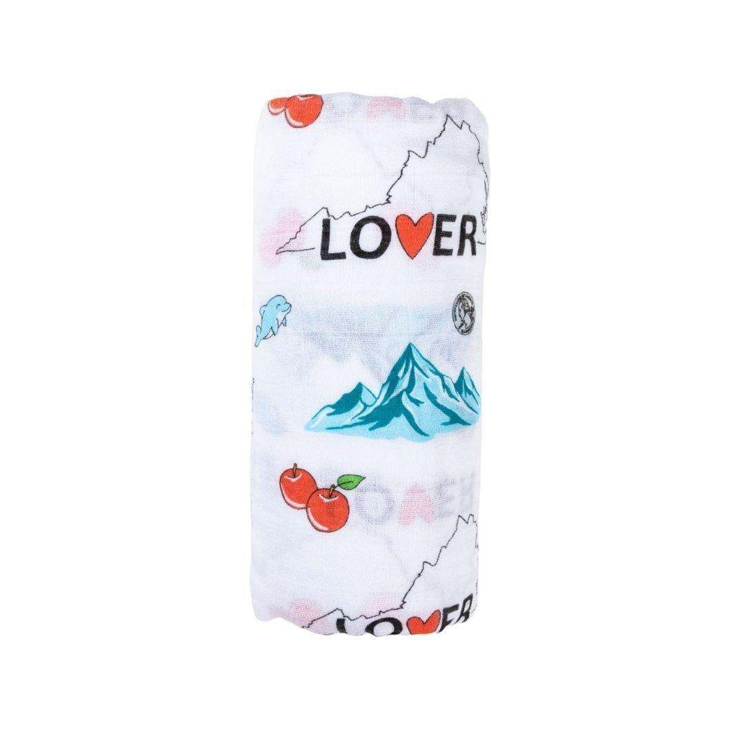 Gift Set: Virginia Baby Muslin Swaddle Blanket and Burp Cloth/Bib Combo close-up detail