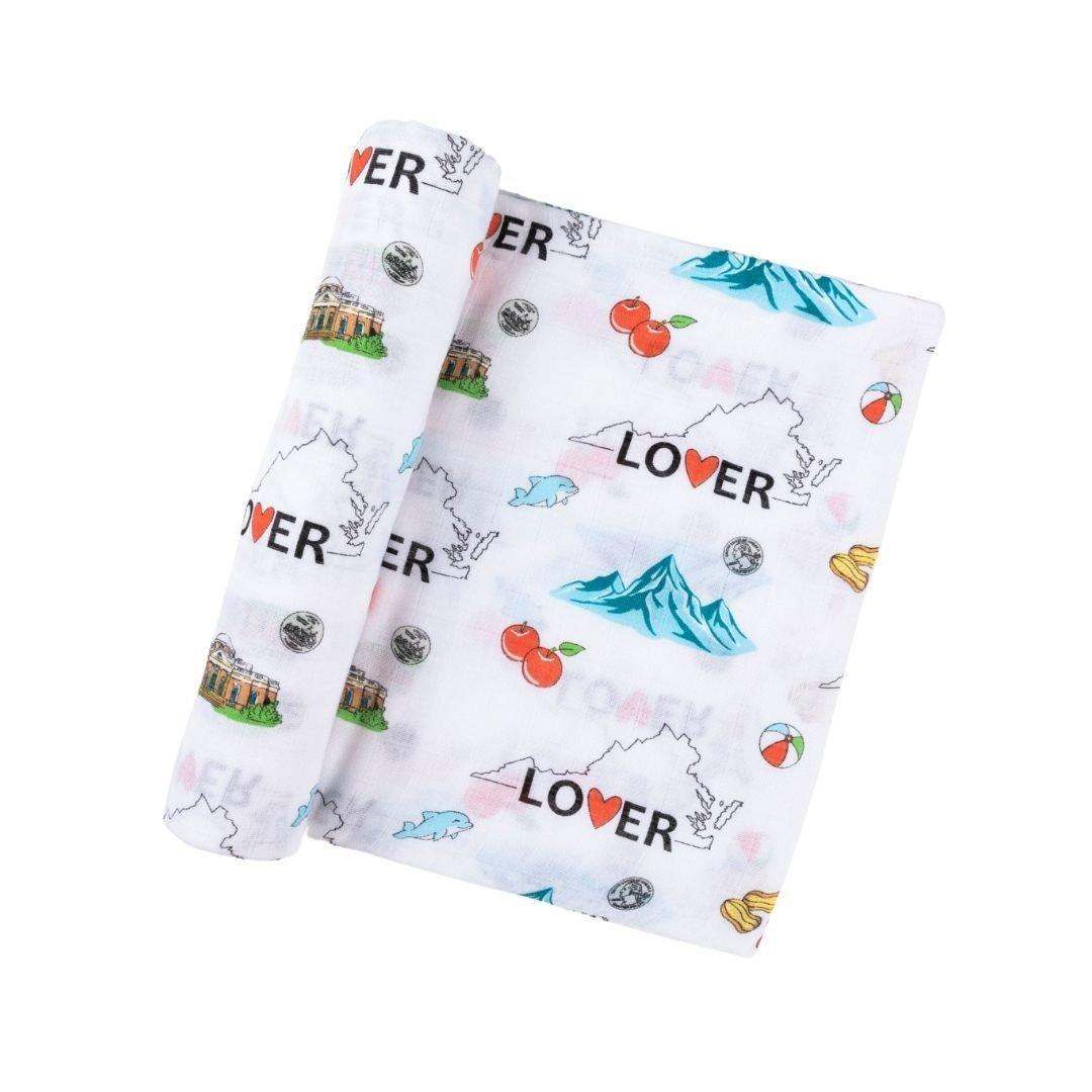 Gift Set: Virginia Baby Muslin Swaddle Blanket and Burp Cloth/Bib Combo print and pattern detail