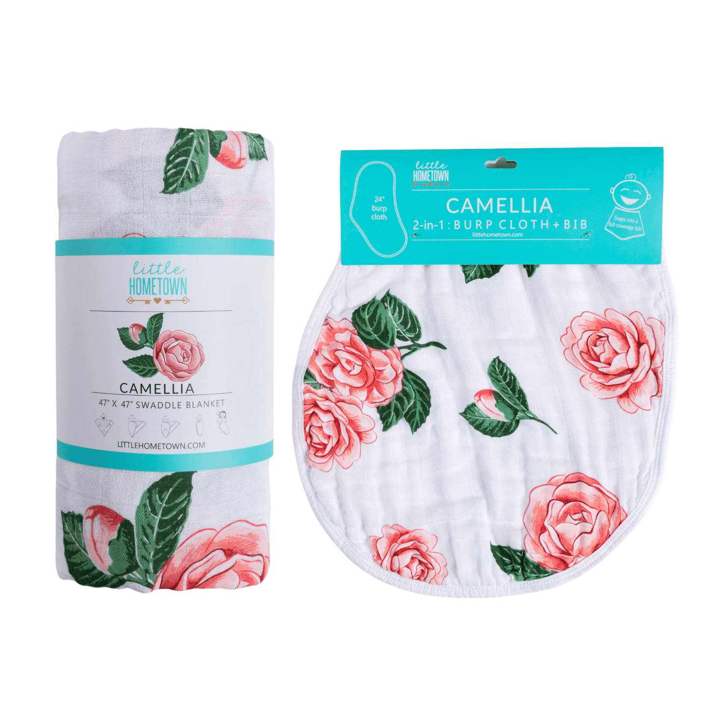 GiftSet: Camelia Baby Muslin Swaddle Blanket and Burp Cloth/Bib Combo