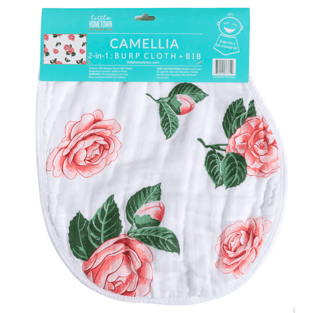 GiftSet: Camelia Baby Muslin Swaddle Blanket and Burp Cloth/Bib Combo