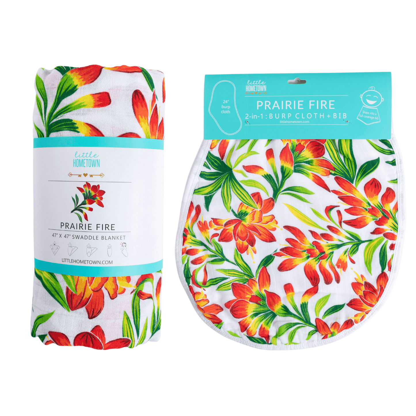 GiftSet: Prairie Fire Baby Muslin Swaddle Blanket and Burp Cloth/Bib Combo