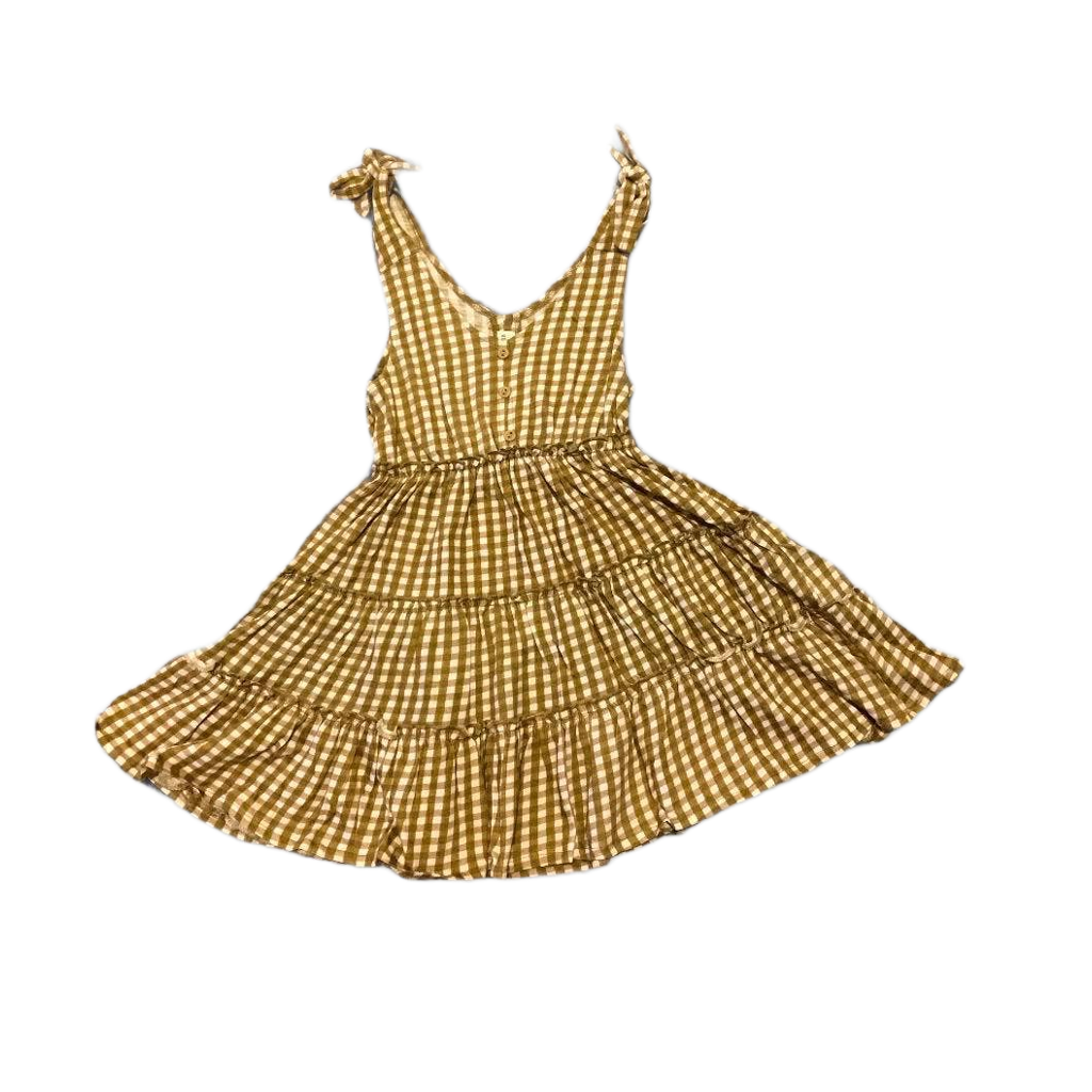 Emma Grace Shoppe Organic Gold Gingham Tiered Tie Dress with decorative buttons and hand-tied straps.