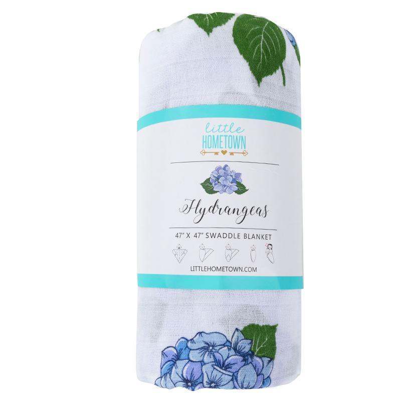 Gift Set: Hydrangeas Baby Muslin Swaddle Blanket and Burp Cloth/Bib Combo back view