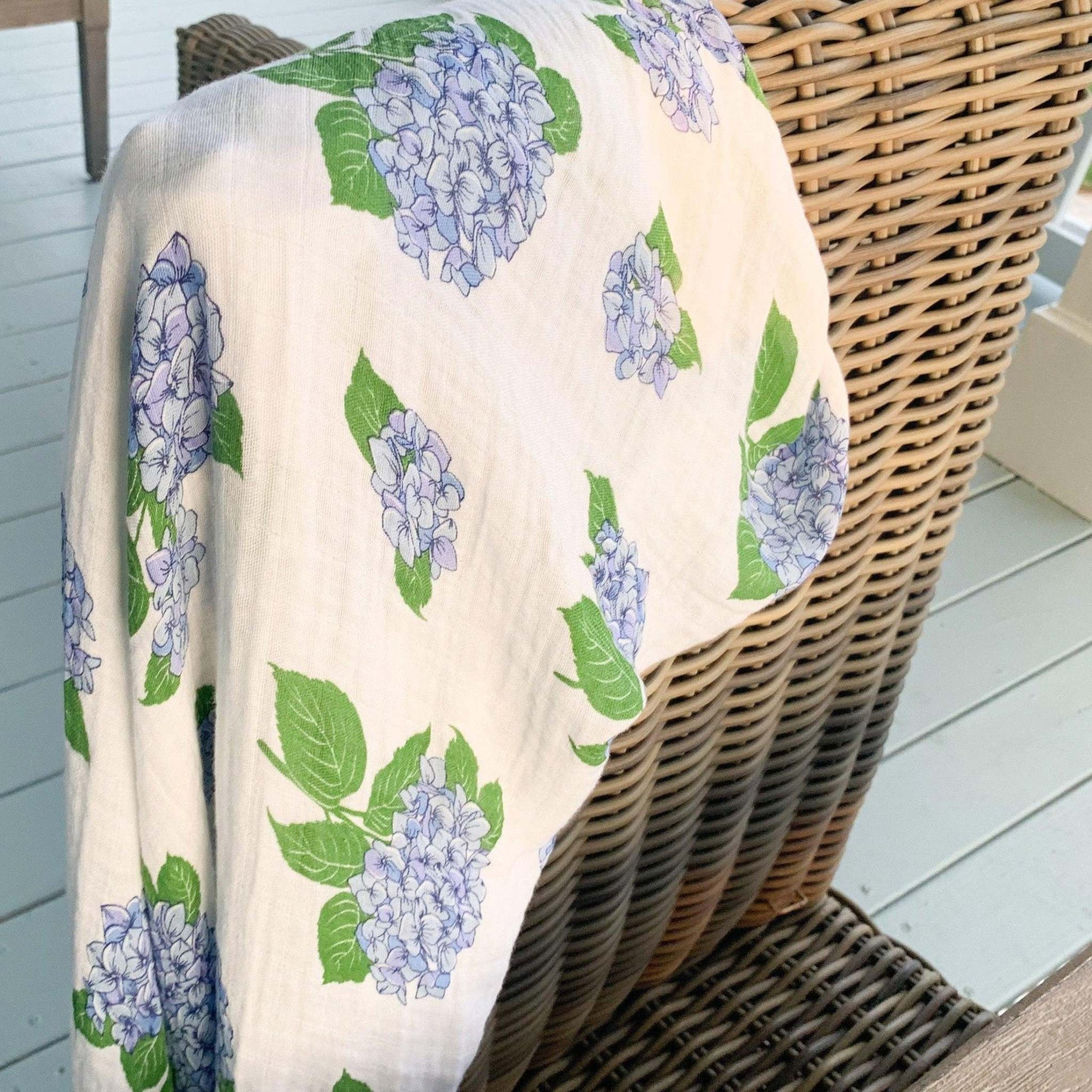Gift Set: Hydrangeas Baby Muslin Swaddle Blanket and Burp Cloth/Bib Combo side view