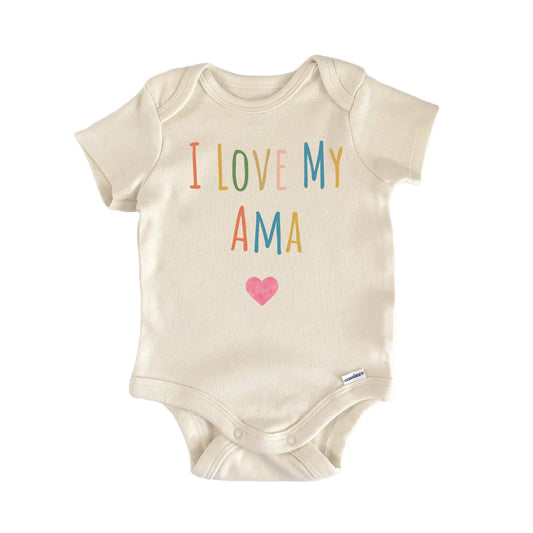 I Love My Ama newborn baby onesie with easy snap closure, front view