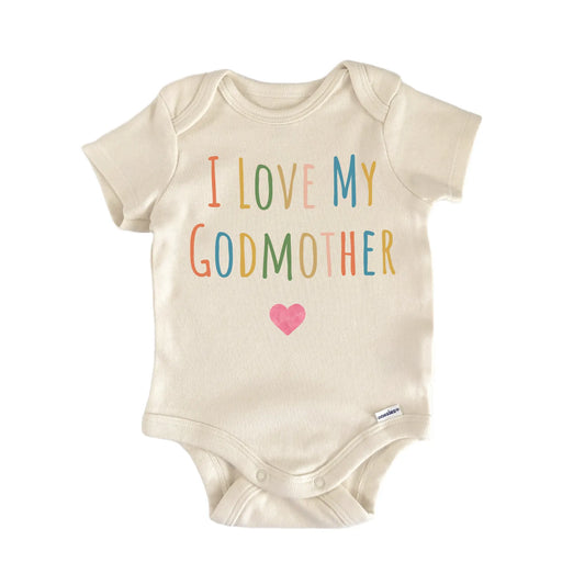 I Love My Godmother newborn baby onesie with easy snap closure, front view