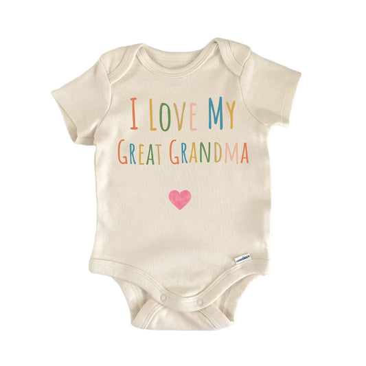 I Love My Great Grandma newborn baby onesie with easy snap closure, front view
