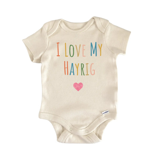 I Love My Hayrig newborn baby onesie with easy snap closure, front view