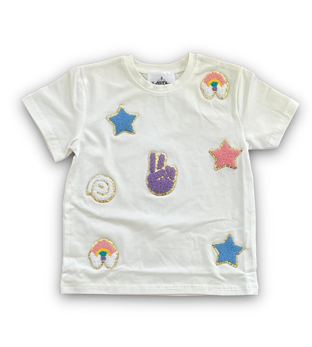 Peace and Love Kid Chenille Shirt with colorful chenille patches on white background