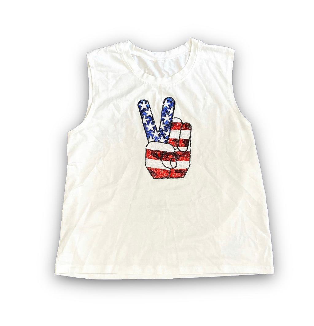 White adult tank top with American Peace Out Sequin design featuring a patriotic peace hand sign