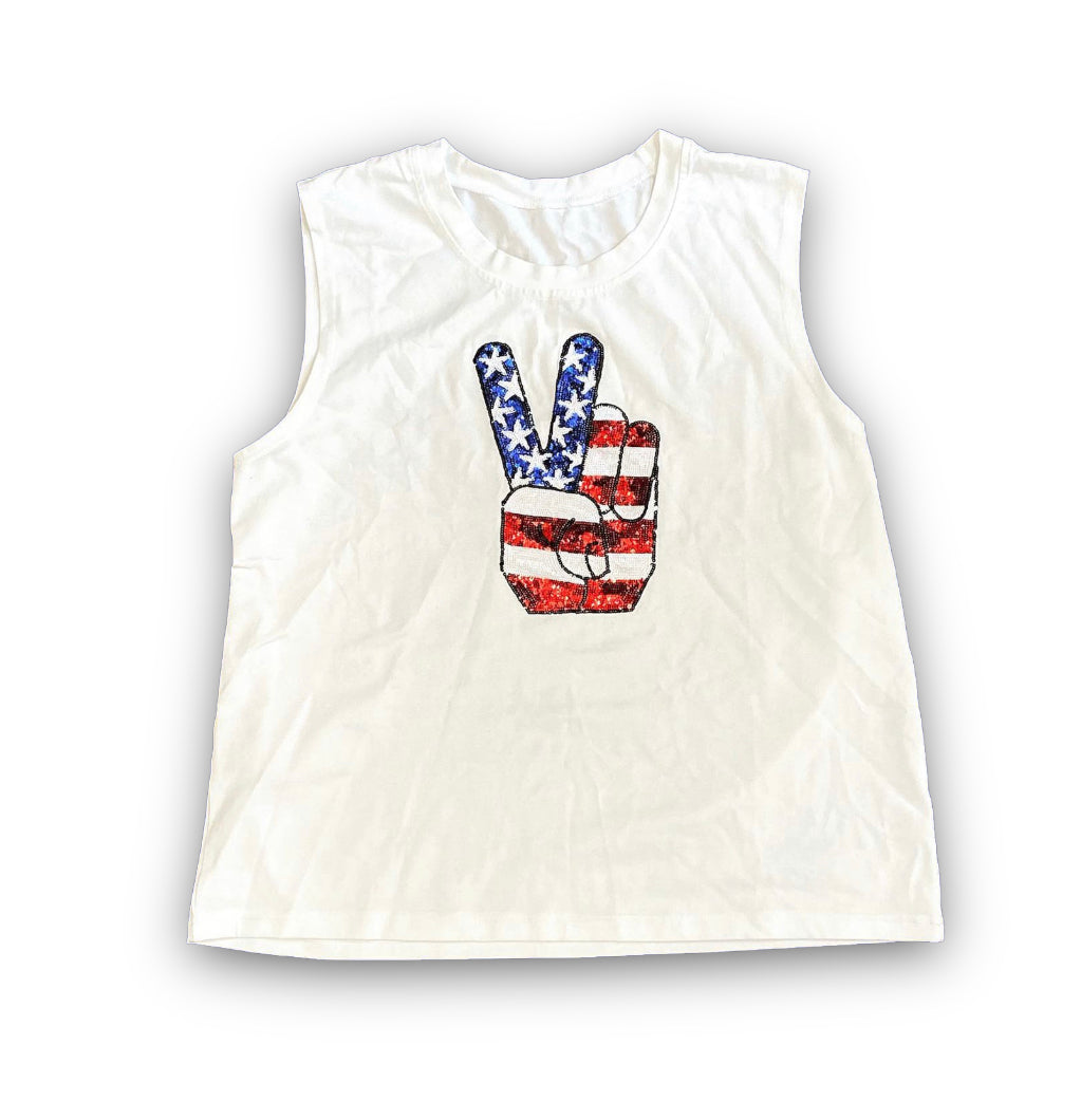 American Peace Out sequin peace sign kid tank top with stars and stripes design