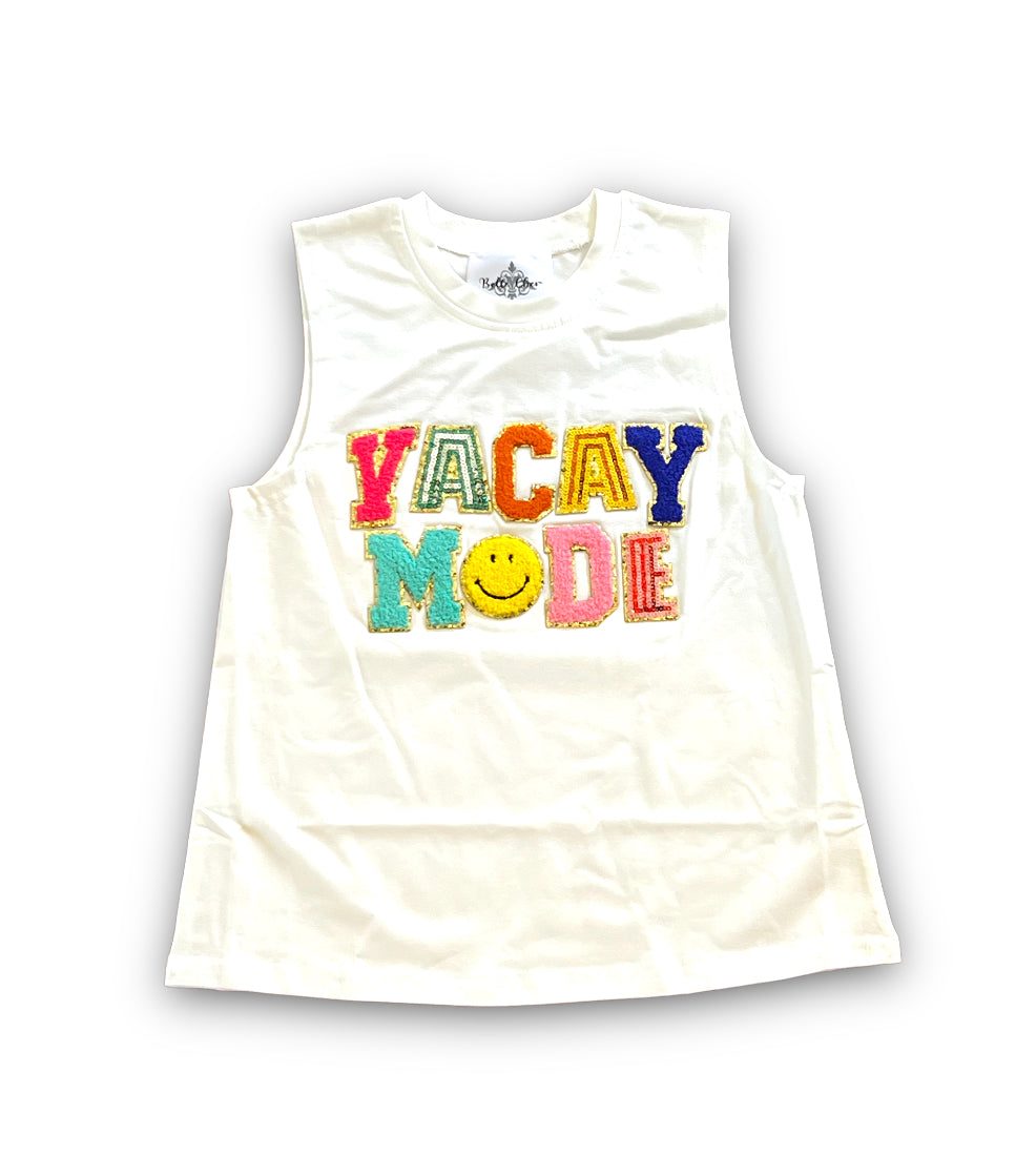 White Vacay Mode Adult Tank with colorful embroidered letters and smiley face design