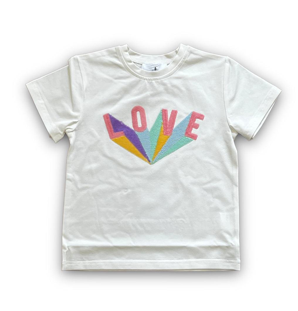 White Sequin Love Kid Shirt with colorful sequin letters spelling LOVE on front
