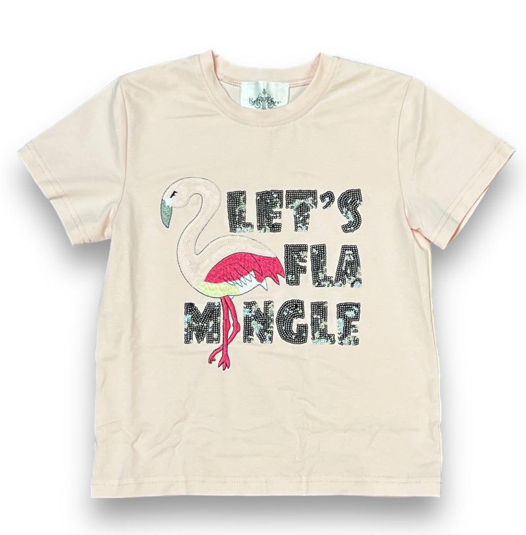 Beige adult shirt with flamingo sequin design and "Let's Flamingle" text