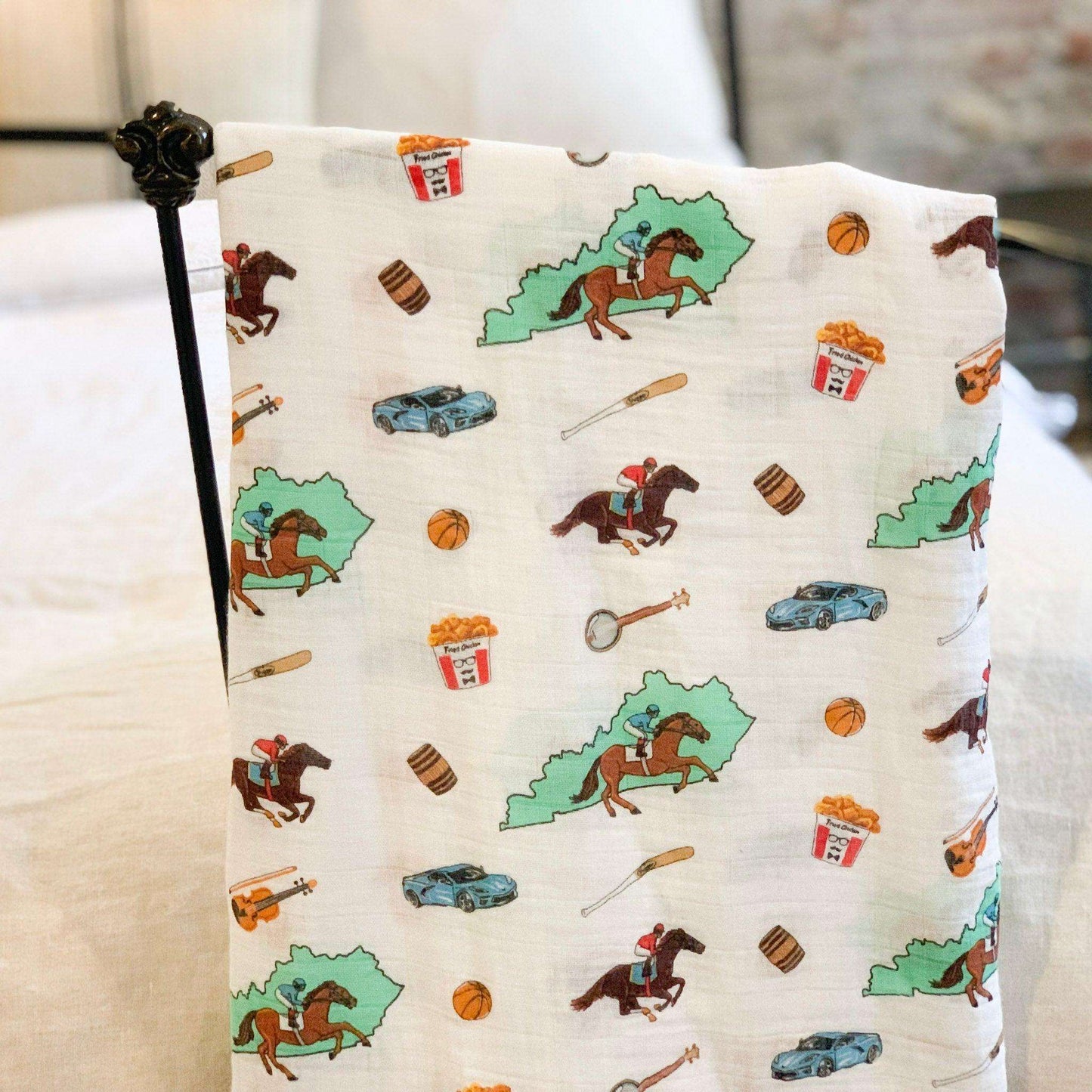 Gift Set: Kentucky Baby Muslin Swaddle Blanket and Burp Cloth/Bib Combo styling detail
