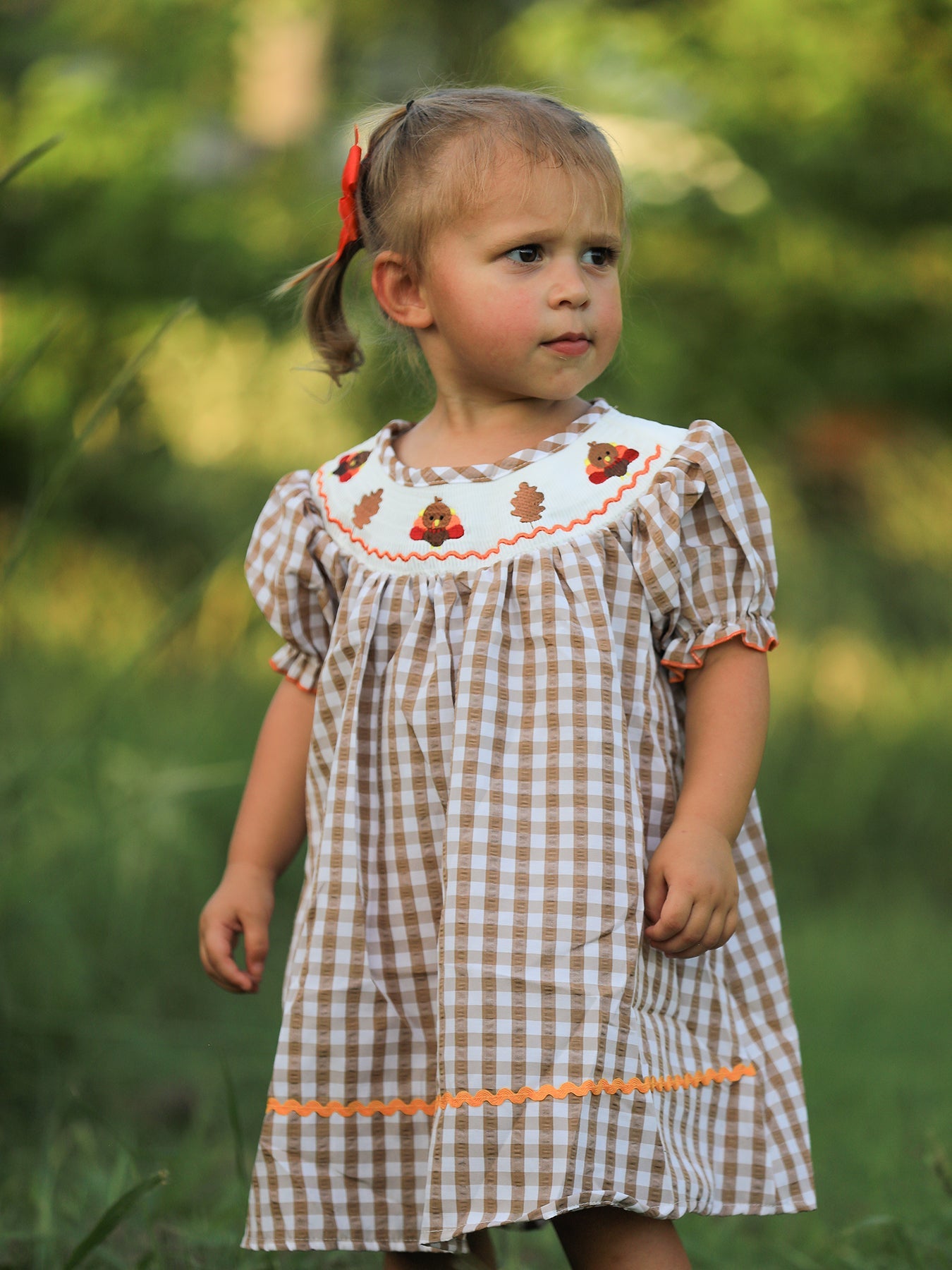 Girls Thanksgiving Turkey Smocking Embroidered Brown Plaid Dress