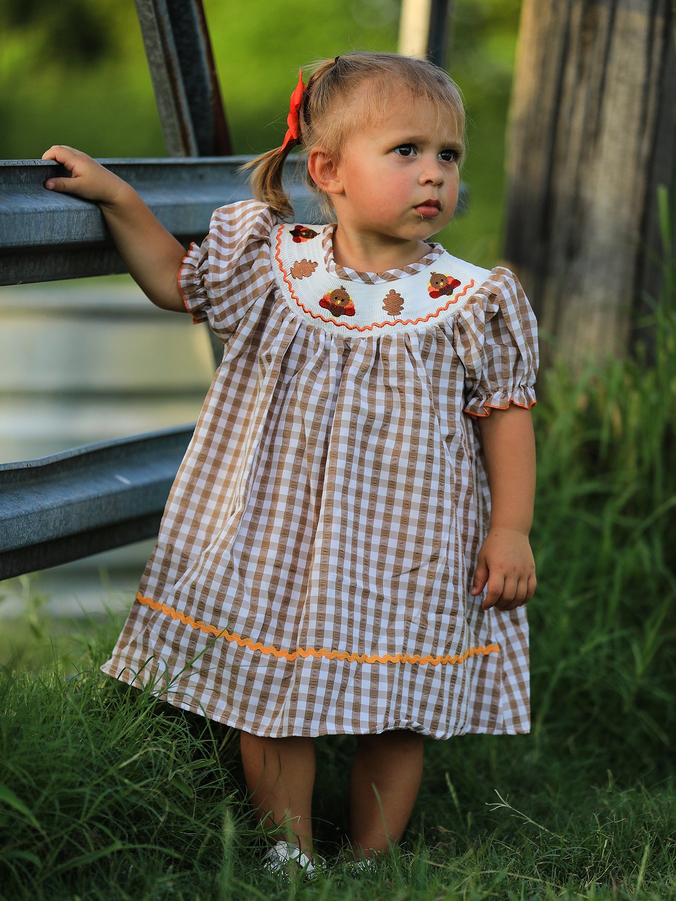 Girls Thanksgiving Turkey Smocking Embroidered Brown Plaid Dress