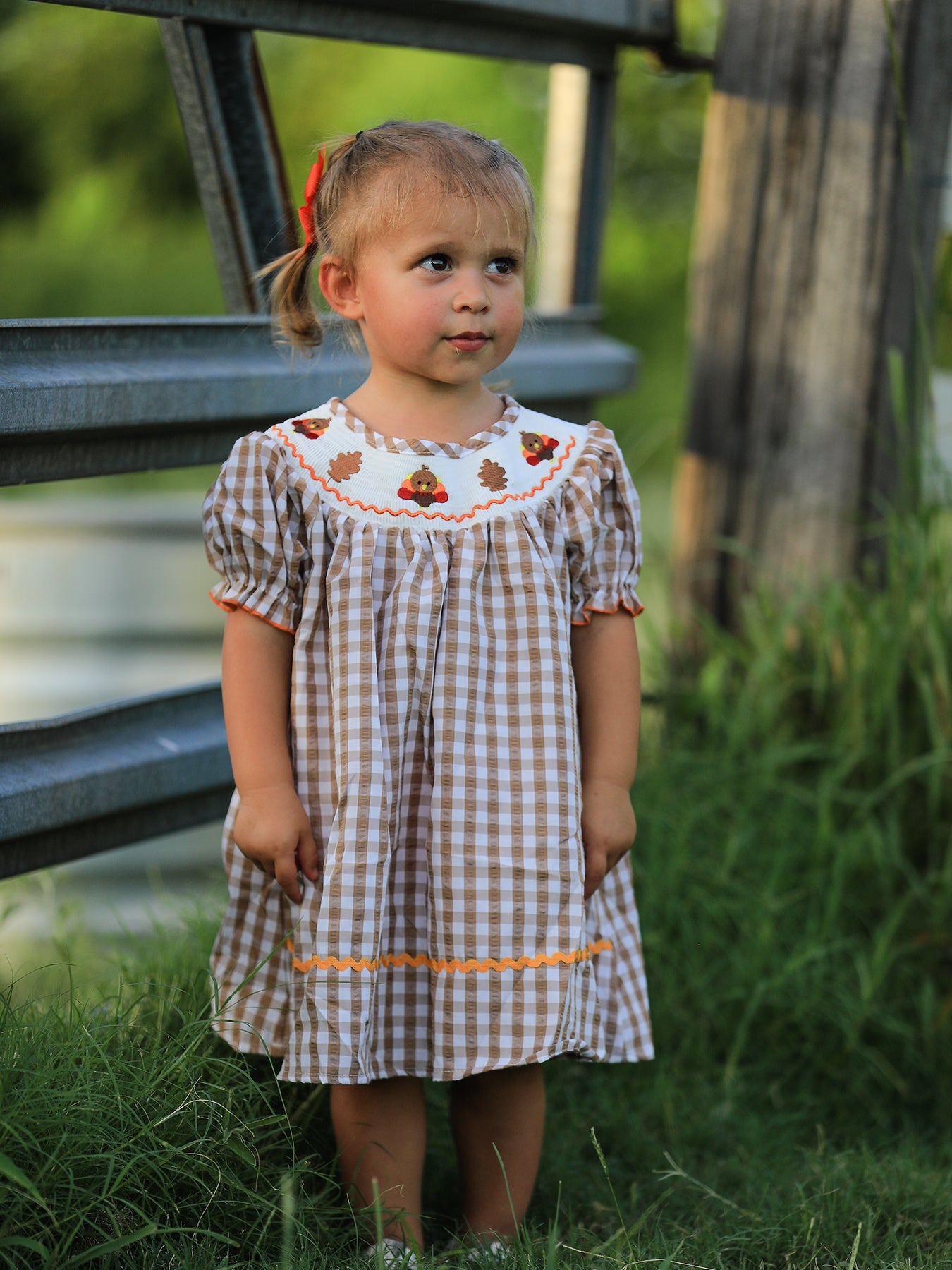 Girls Thanksgiving Turkey Smocking Embroidered Brown Plaid Dress