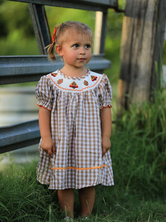 Girls Thanksgiving Turkey Smocking Embroidered Brown Plaid Dress