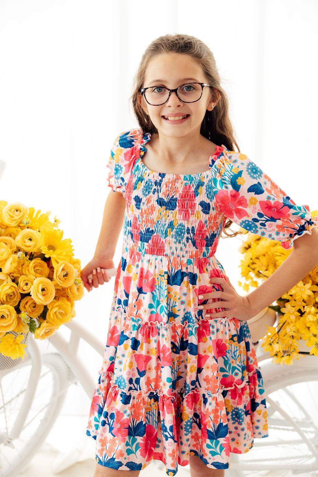 Sunshine Garden Smocked Ruffle Dress back view