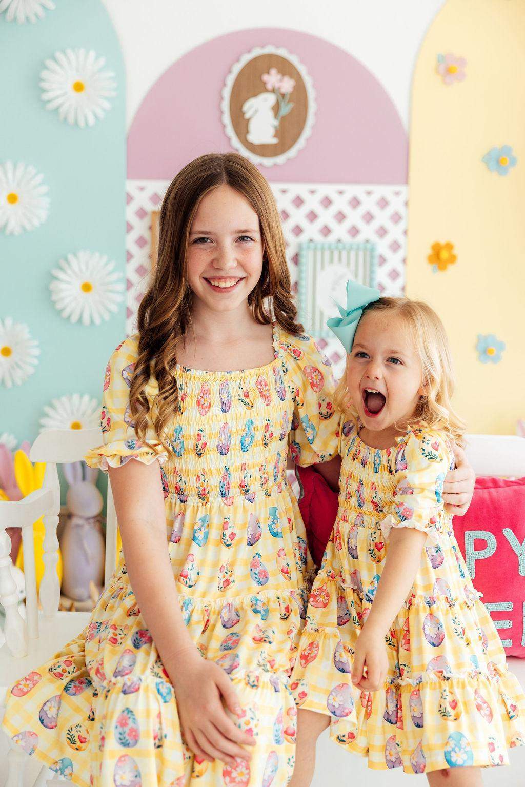 Easter Picnic smocked ruffle dress fabric and material close-up