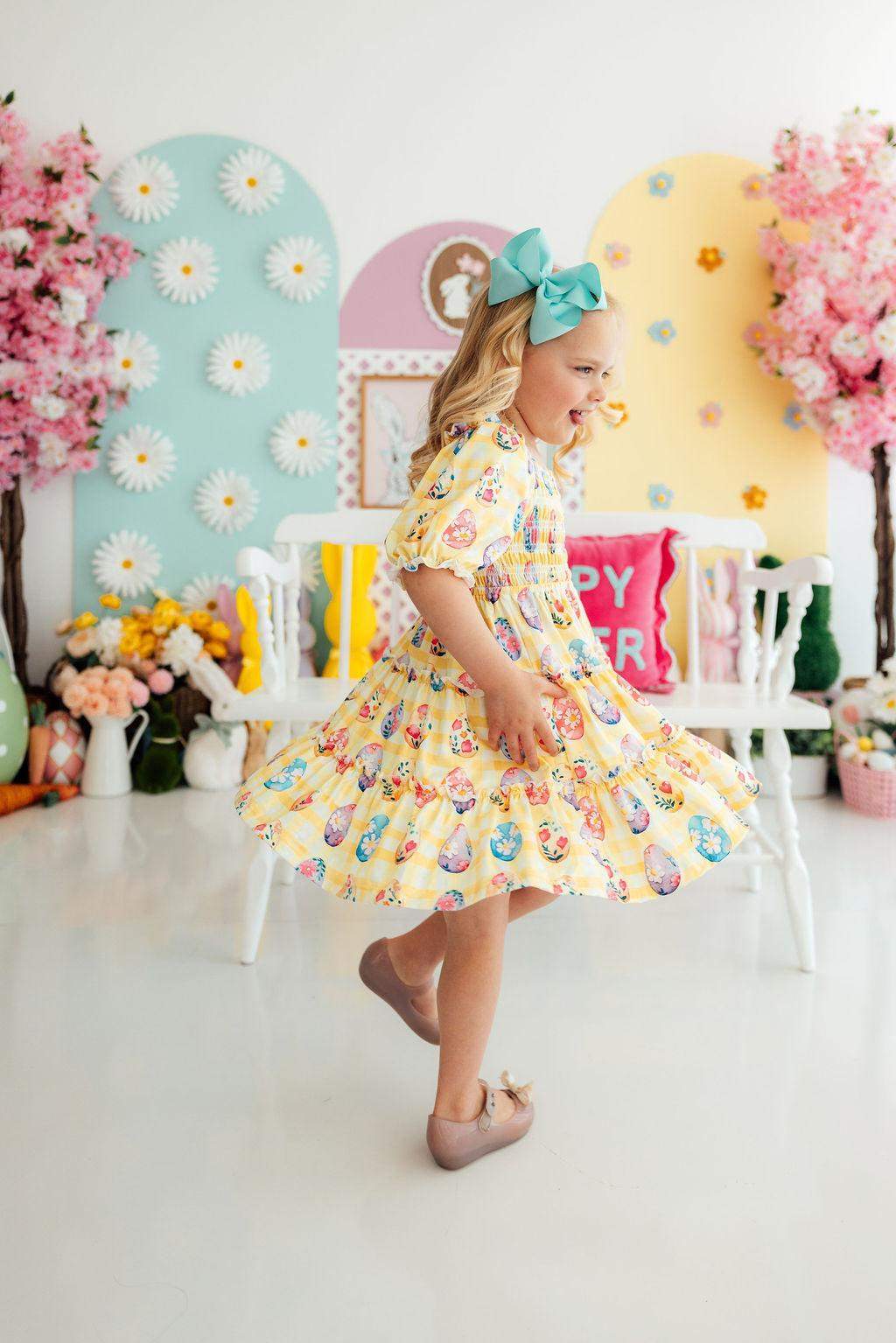 Easter Picnic smocked ruffle dress, front view