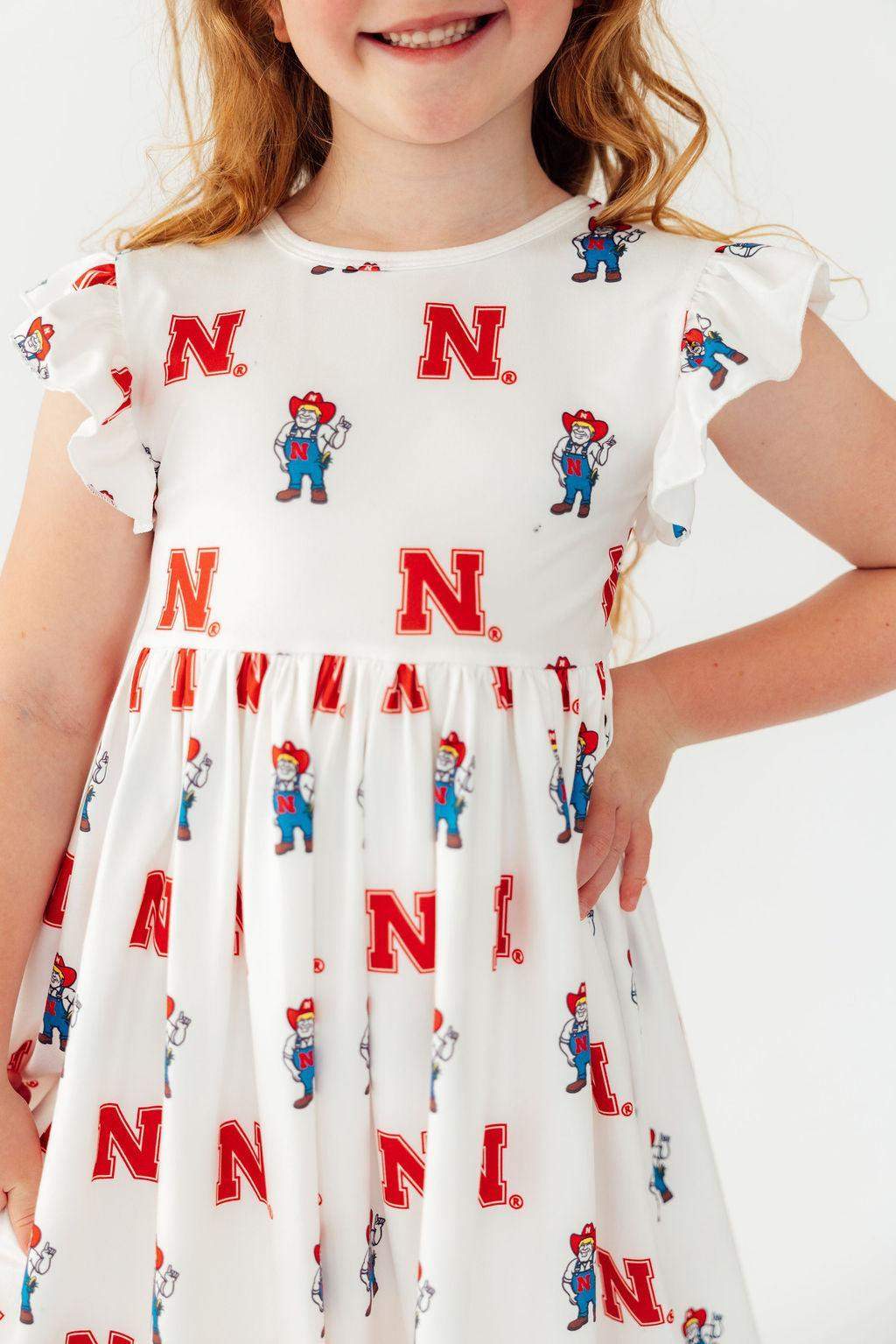 Nebraska White Herbie Husker Flutter Twirl Dress