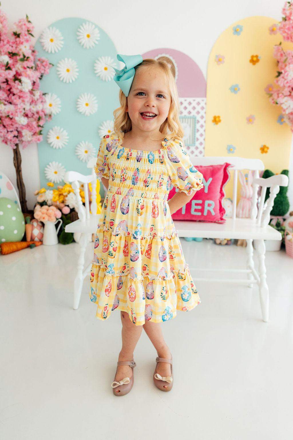 Easter Picnic smocked ruffle dress, side view