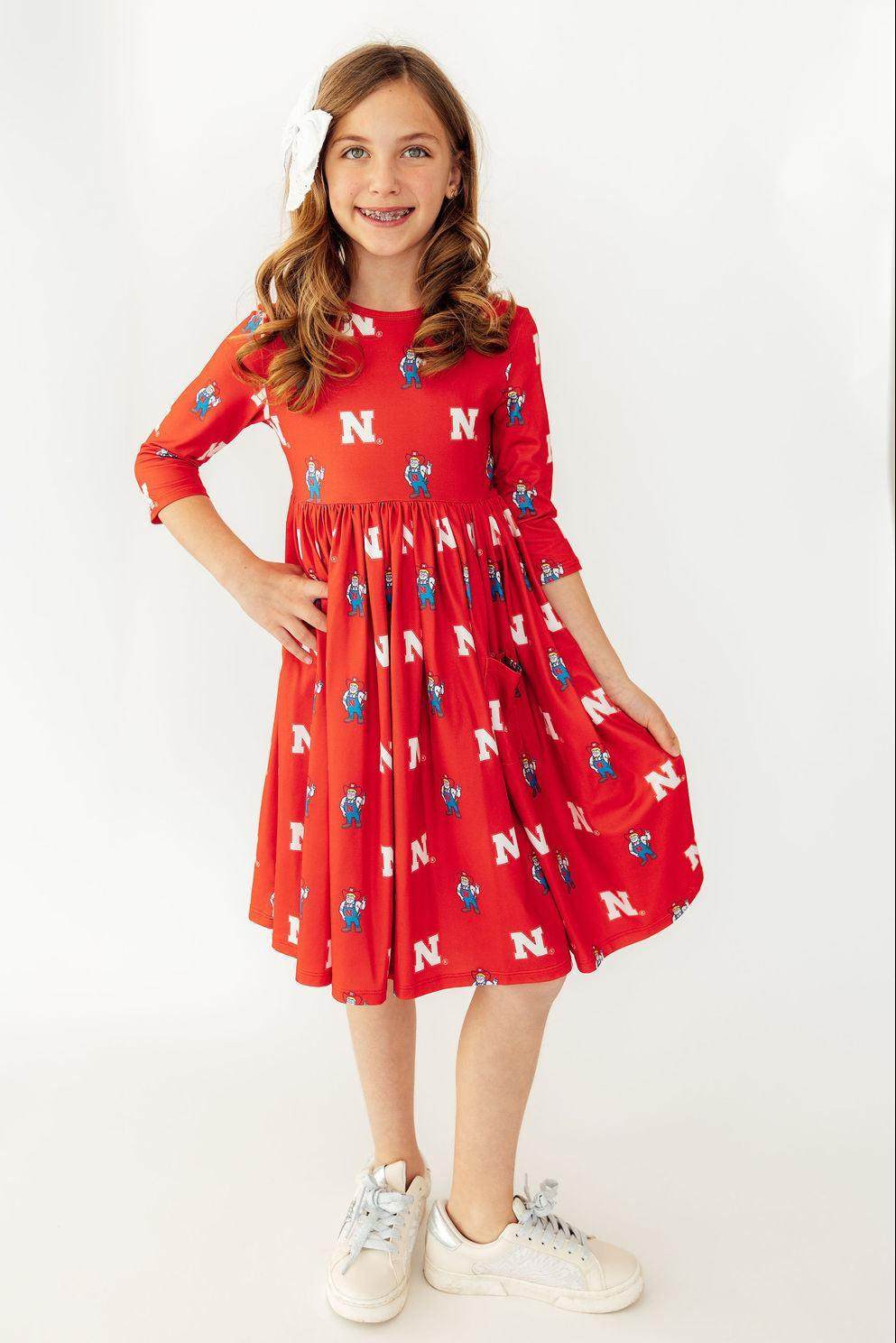 Nebraska Red Herbie Husker 3/4 Sleeve Pocket Twirl Dress