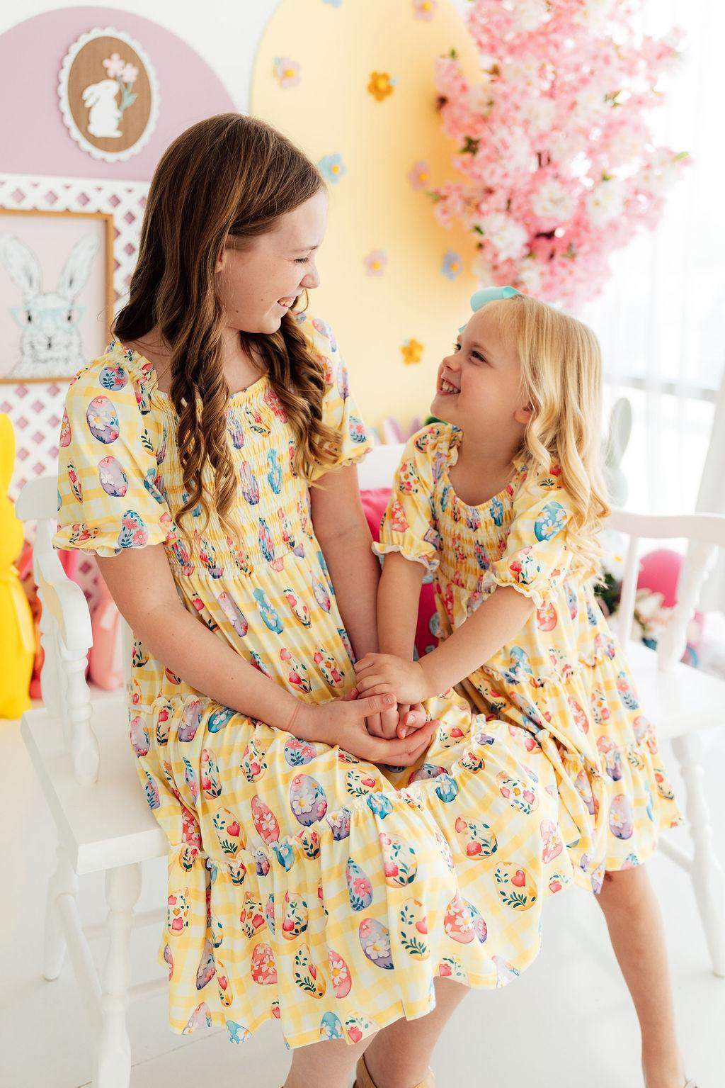Easter Picnic smocked ruffle dress, back view