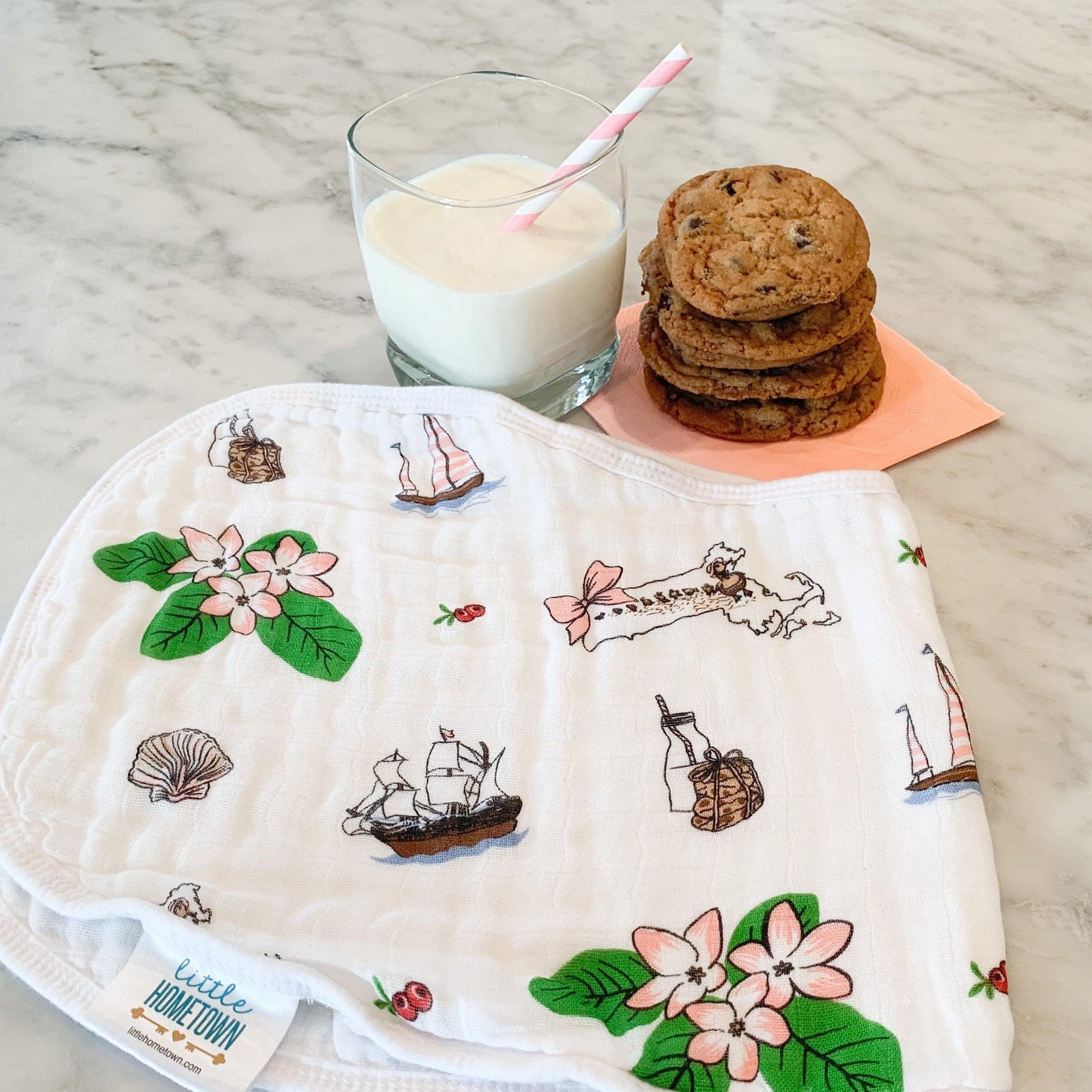 Gift Set: Massachusetts Floral Baby Muslin Swaddle Blanket and Burp Cloth/Bib Combo