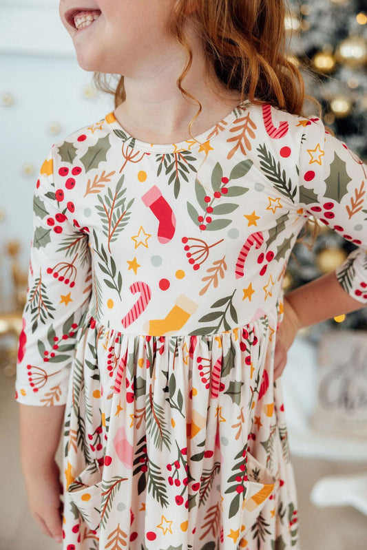 Holly Jolly Christmas 3/4 Sleeve Pocket Twirl Dress