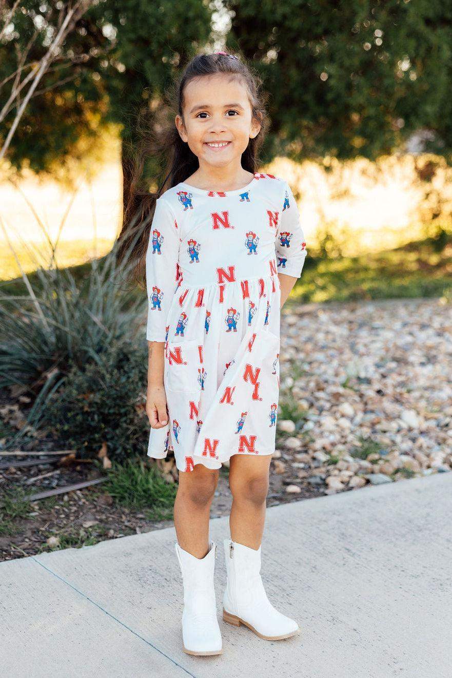 Nebraska White Herbie Husker 3/4 Sleeve Pocket Twirl Dress