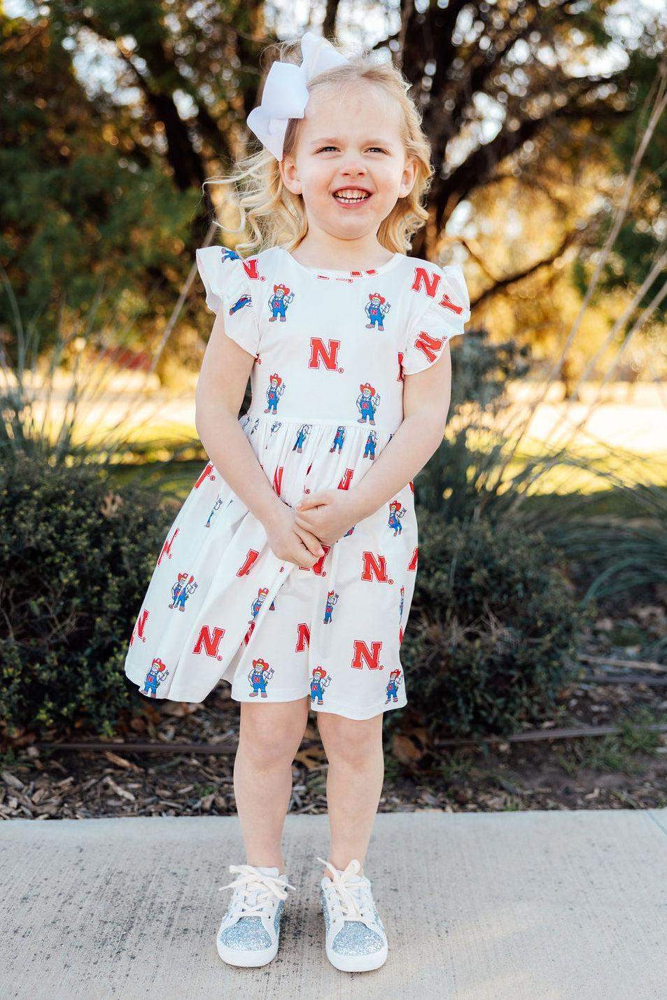 Nebraska White Herbie Husker Flutter Twirl Dress