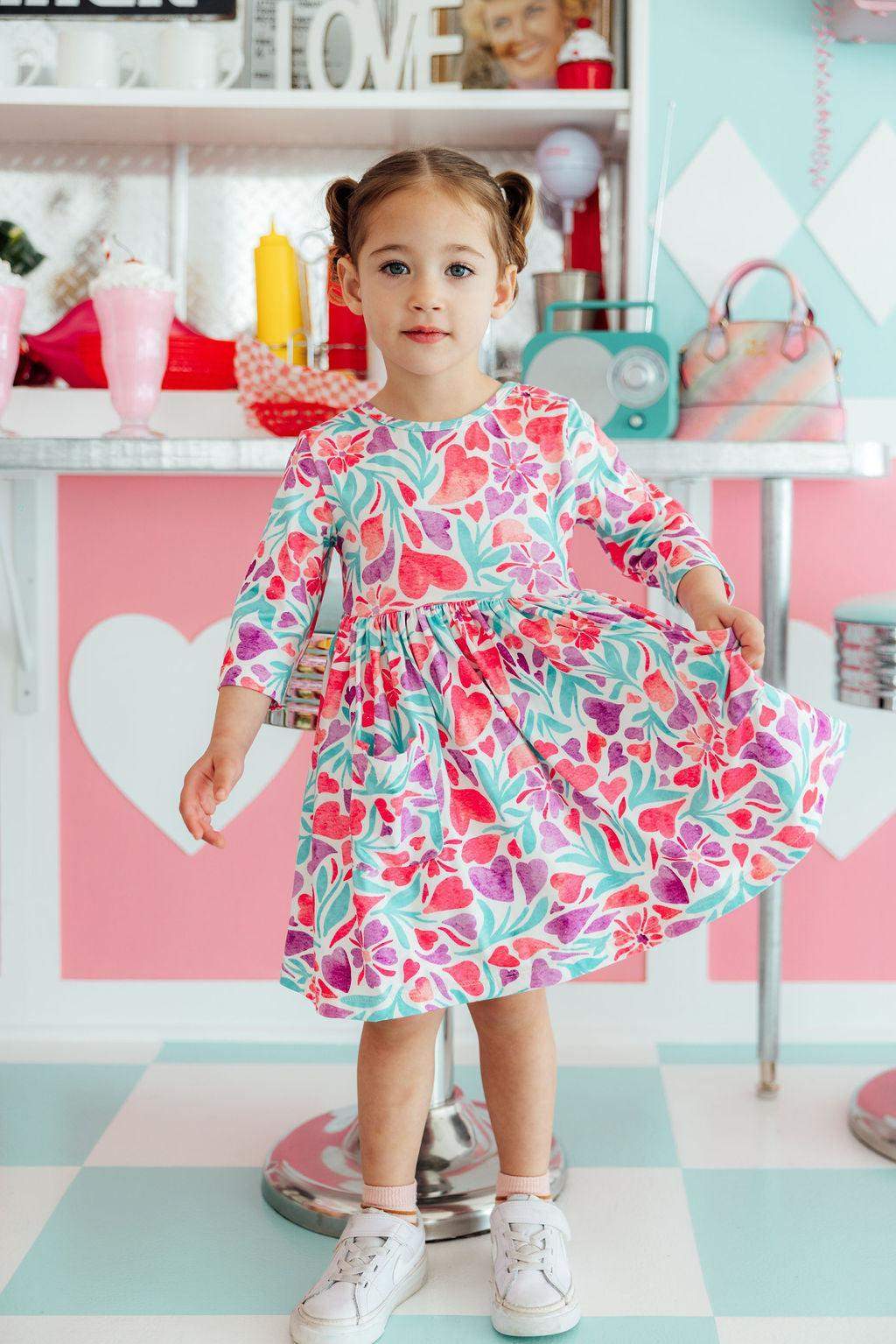 Watercolor Hearts 3/4 Sleeve Pocket Twirl Dress