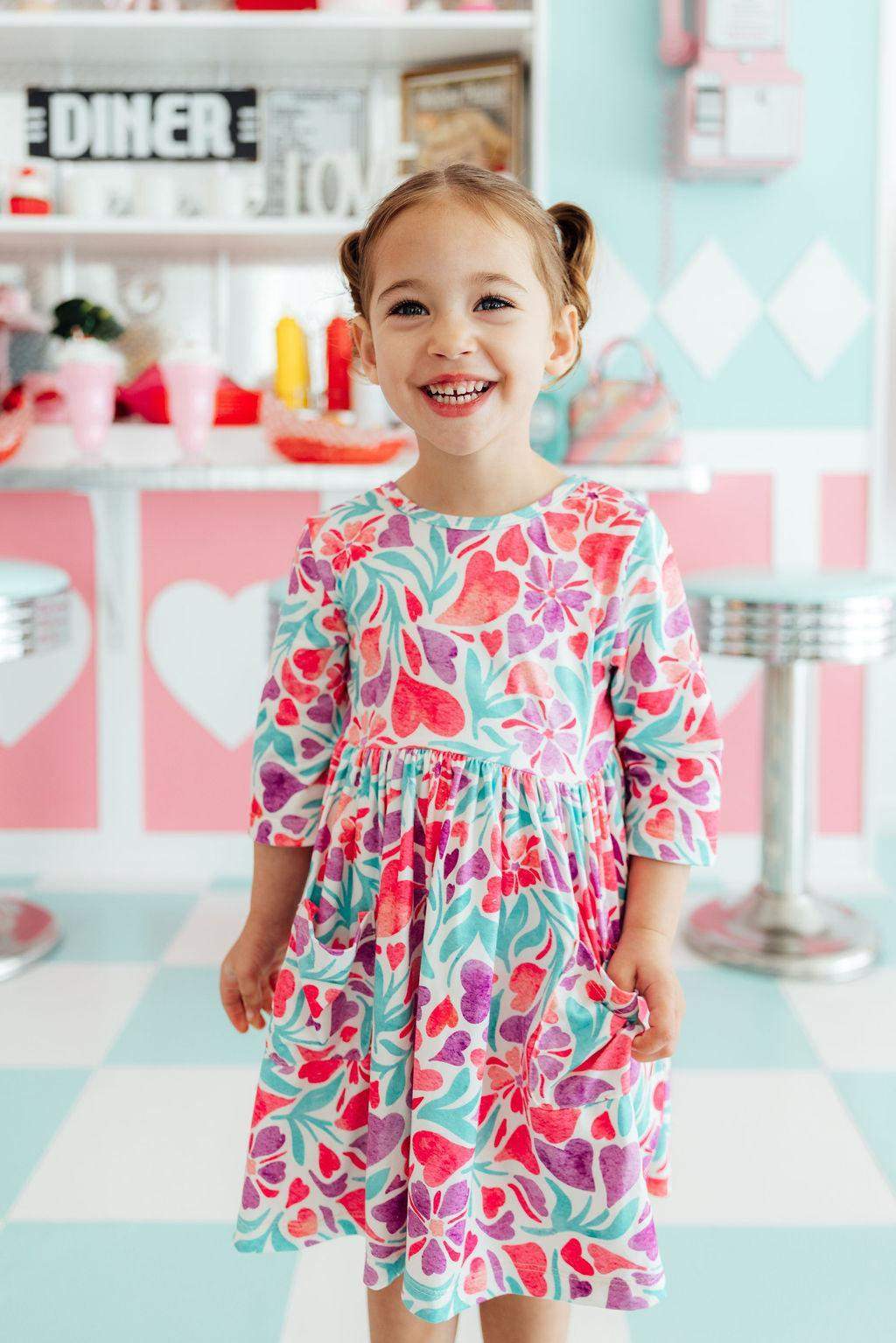 Watercolor Hearts 3/4 Sleeve Pocket Twirl Dress