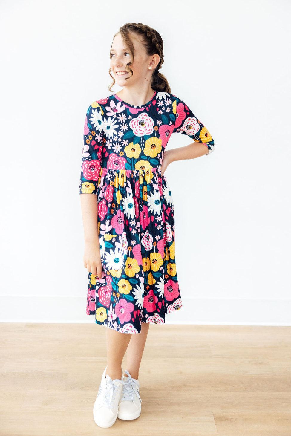 Midnight Floral 3/4 Sleeve Pocket Twirl Dress