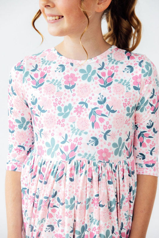 Softly Blooming 3/4 Sleeve Pocket Twirl Dress